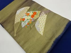 扇に花々・古典柄模様織出し名古屋帯